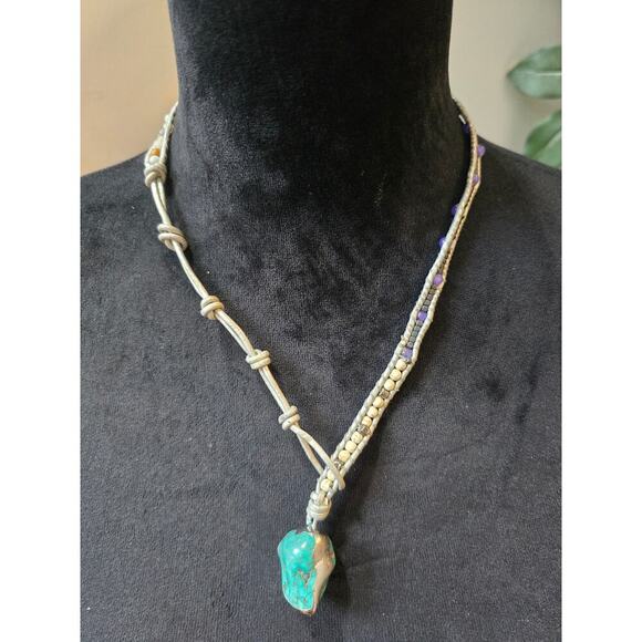 Women's Handmade Turquoise Stone Pendant Necklace with Beaded Macrame Cord - Picture 1 of 4